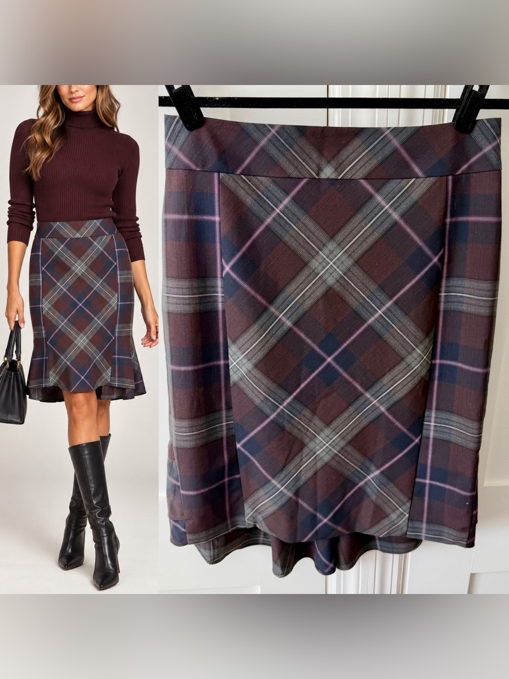 Express Design Studio Y2K Plaid Ruffle Pencil Skirt Burgundy Sz 4